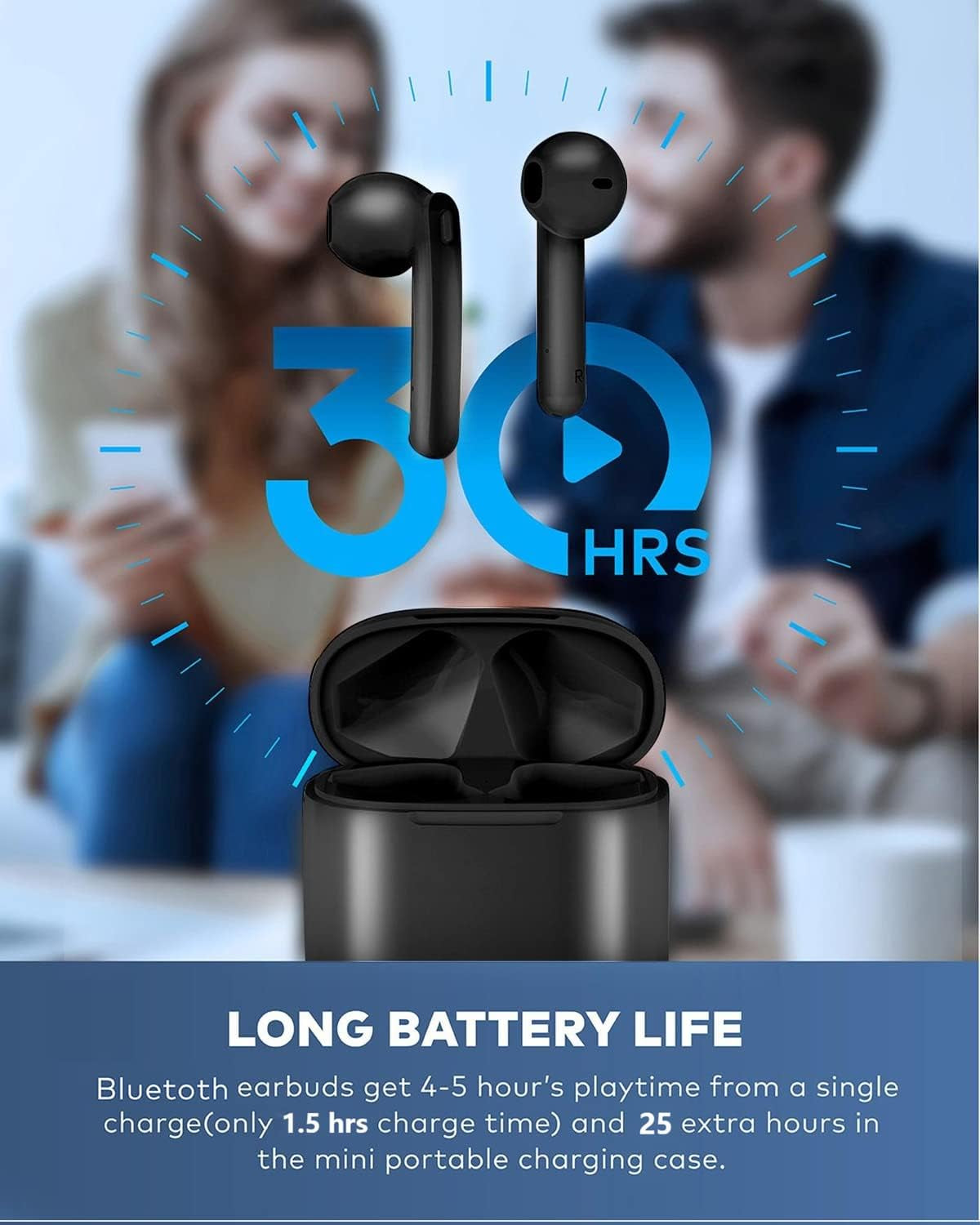 IPX7 Waterproof Bluetooth Earbuds, True Wireless Earbuds, 35H Cyclic Playtime Headphones with Charging Case and Mic for Iphone Android, In-Ear Stereo Earphones Headset for Sport - Black
